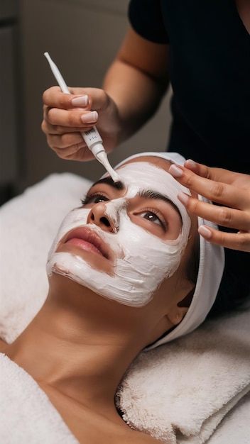 Professional cosmetologist applying nourishing facial mask on the patients face