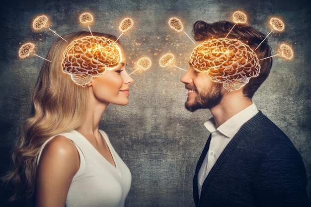 Professional couple with glowing brains symbolizing the collaboration and intellectual harmony in t