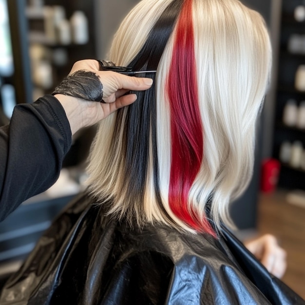 A professional creating a highcontrast color block effect in a clients hair