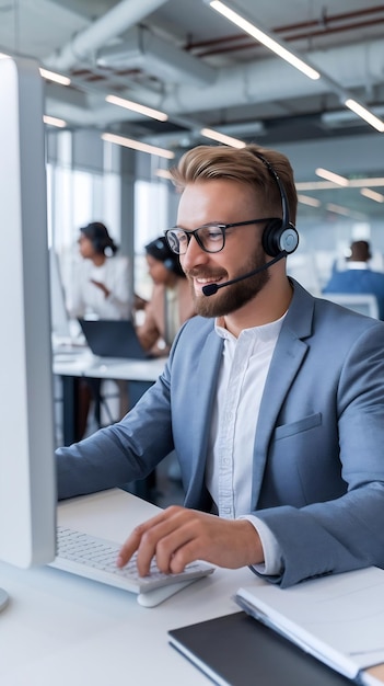 Photo professional customer support specialist wearing headset talks with client and works on computer in