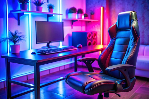 Professional cyber gamer studio room with personal computer armchair keyboard for stream in neon color blur background Soft focus