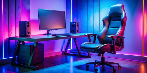 Professional cyber gamer studio room with personal computer armchair keyboard for stream in neon color blur background Soft focus