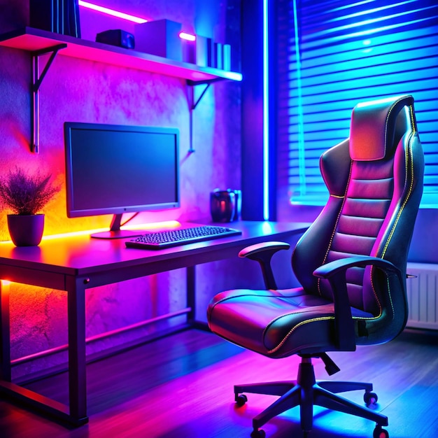 Professional cyber gamer studio room with personal computer armchair keyboard for stream in neon color blur background Soft focus