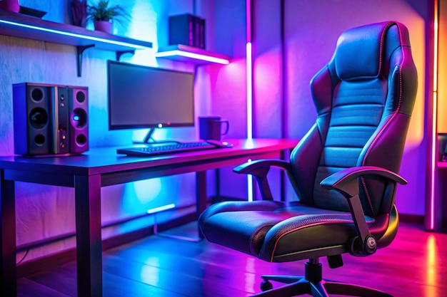 Professional cyber gamer studio room with personal computer armchair keyboard for stream in neon color blur background Soft focus