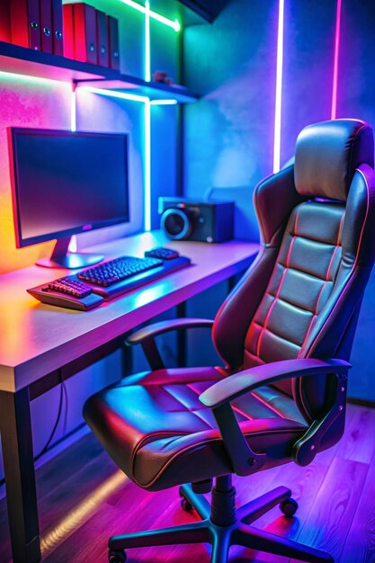 Professional cyber video gamer studio room with personal computer armchair keyboard neon color Soft focus blur background