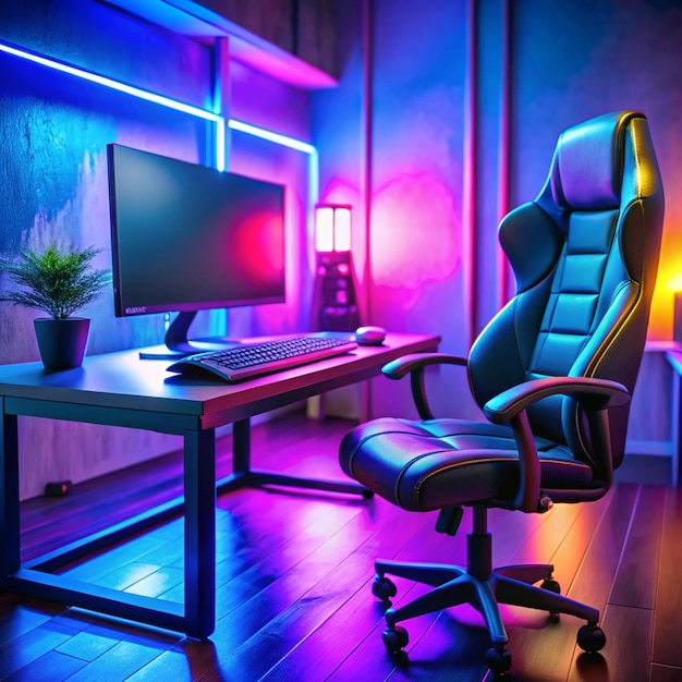 Professional cyber video gamer studio room with personal computer armchair keyboard neon color Soft focus blur background