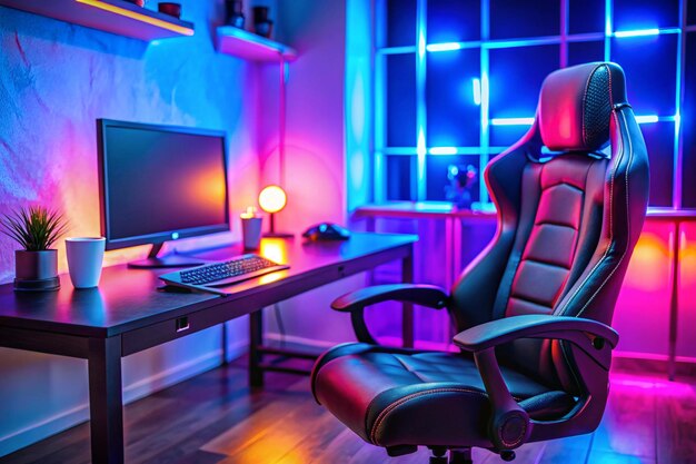 Professional cyber video gamer studio room with personal computer armchair keyboard for stream in neon color blur background Soft focus