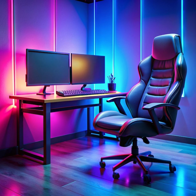 Professional cyber video gamer studio room with personal computer armchair keyboard for stream in neon color blur background Soft focus