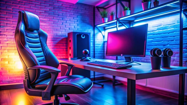 Professional cyber video gamer studio room with personal computer armchair keyboard for stream in neon color blur background Soft focus