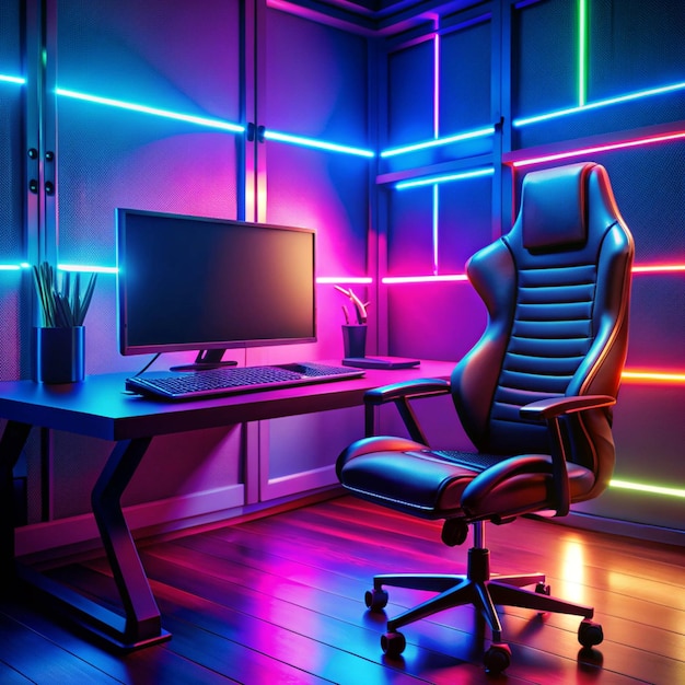 Professional cyber video gamer studio room with personal computer armchair keyboard for stream in neon color blur background Soft focus