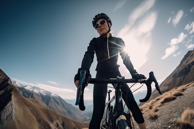 Professional cyclist in protective helmet trains on mountain road Created with Generative AI