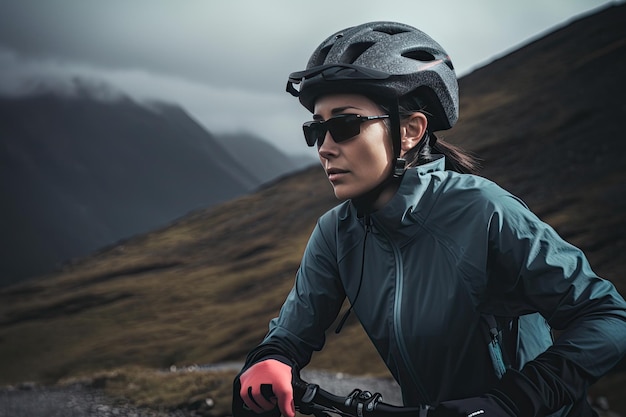 Professional cyclist in protective helmet trains on mountain road Female athlete trains on a bicycle Created with Generative AI