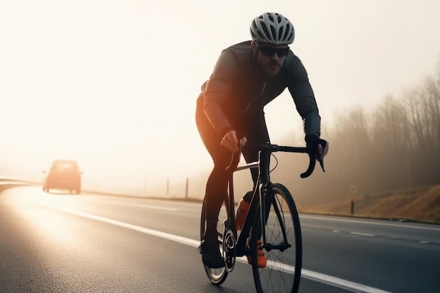 Professional cyclist in protective helmet trains on road Generative AI