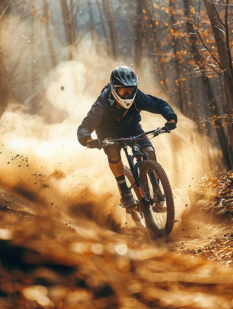 A professional cyclist rides an enduro trail bike through a dusty forest kicking up a cloud of dirt as they navigate the challenging terrain Generative AI