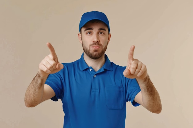 Photo professional delivery guy pointing at himself service concept