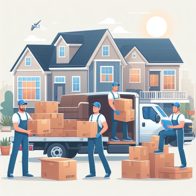 Professional delivery and moving service home mover unloading boxes and furniture from a pickup tru