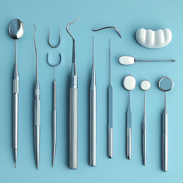 Professional Dental Tools and Equipment on Blue Background