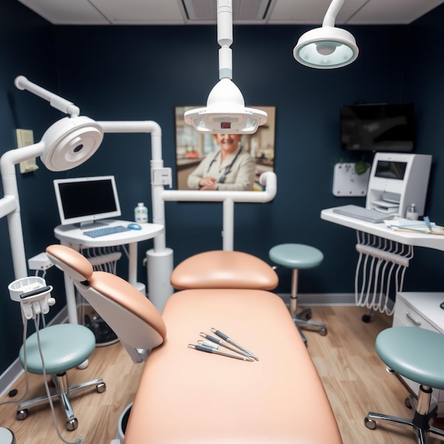 Photo professional dentist tools and chair in the dental office