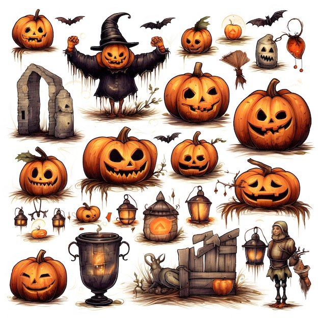 A professional digital art illustration hand painted style of halloween clipart collection on white