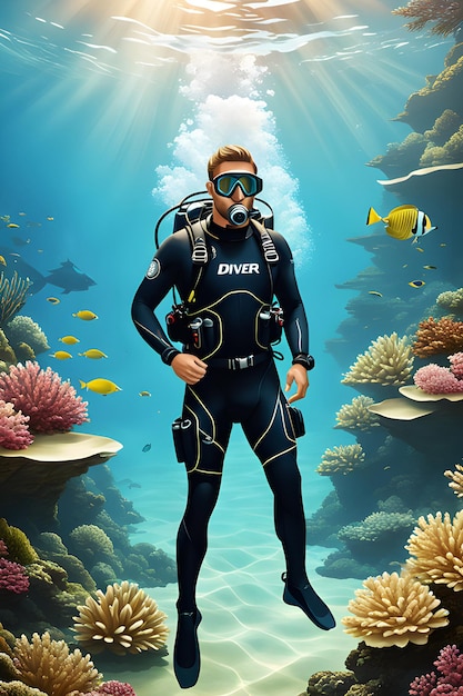 A professional diver exploring a vibrant coral reef teeming with marine life