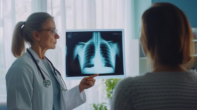 Photo professional doctor explaining lung disease on chest xray to patient