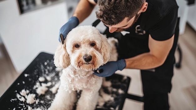 Photo a professional dog groomer carefully trimming the fur of a fluffy dog in a bright clean grooming salon