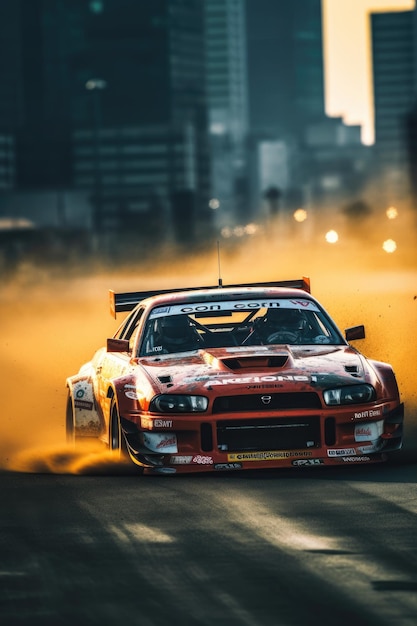 professional drift photo japan JDM car speed motion dynamic speed drone view orange