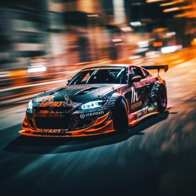 professional drift photo japan JDM car speed motion dynamic speed drone view orange