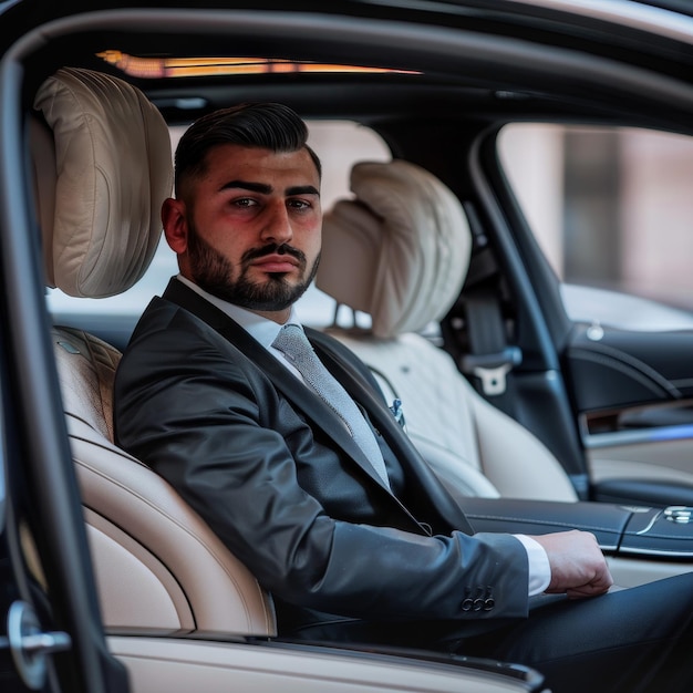 Photo professional driver private chauffeur in luxury car chauffeur service man in uniform auto rental