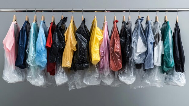 Professional Dry Cleaning Service with Various Clothes in Plastic Bags