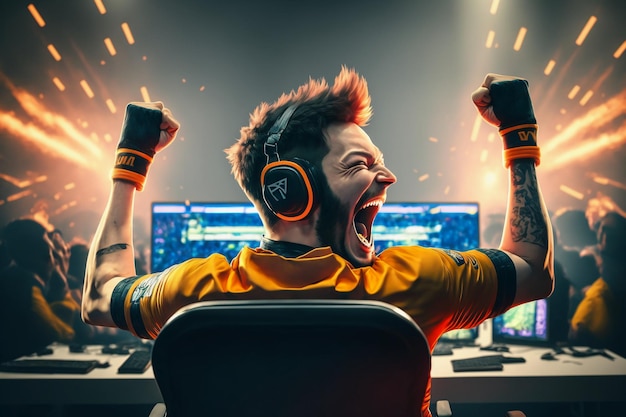 Professional E-Sports gamer rejoices in the victory. Non-existent person in Generative AI digital il