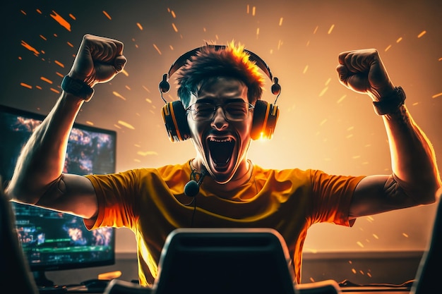 Professional E-Sports gamer rejoices in the victory. Non-existent person in Generative AI digital il