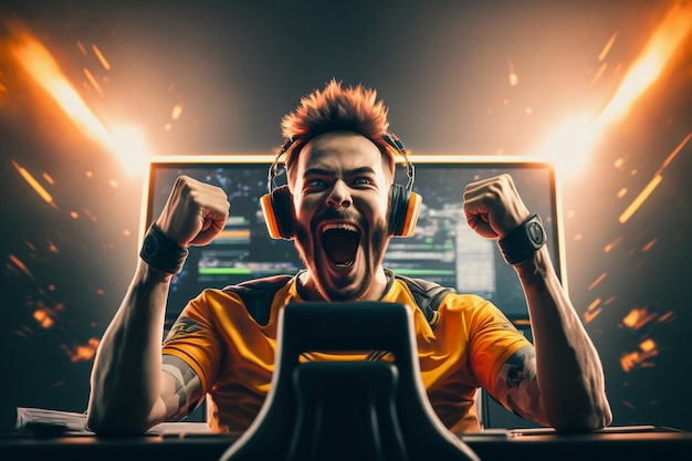 Professional E-Sports gamer rejoices in the victory. Non-existent person in Generative AI digital il