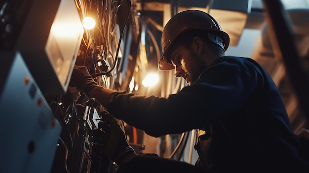 Photo a professional electrician working in a building