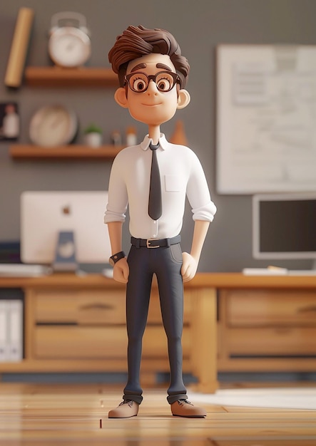 Professional employee standing 3D animation cartoon render office environment