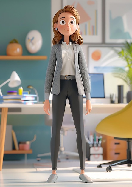 Professional employee standing 3D animation cartoon render office environment