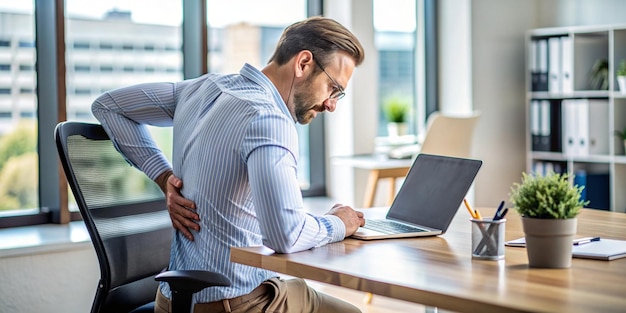 Professional Employer Experiencing Back Pain While Working at Desk Holding his Back in Discomfort Co