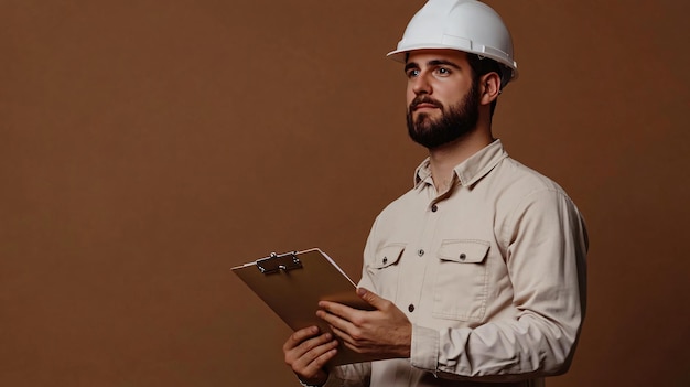 Photo professional engineer in hard hat holding clipboard on brown background