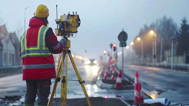 Professional Engineer Operating Theodolite Equipment and Observing Blue Sky