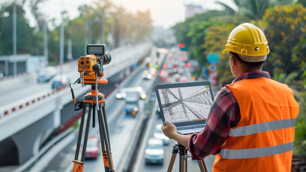 Professional Engineer Operating Theodolite Equipment Outdoors