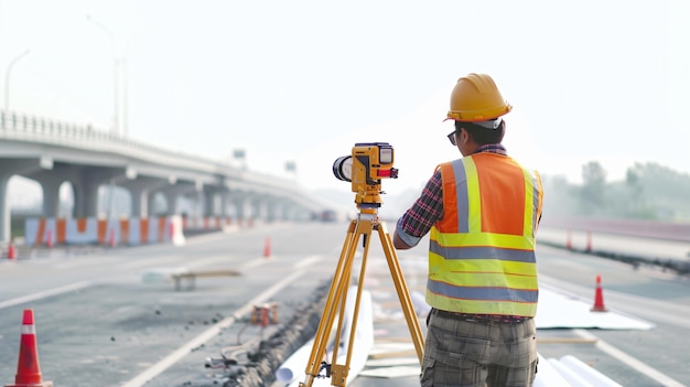 Professional Engineer Operating Theodolite Equipment While Observing Blue Background