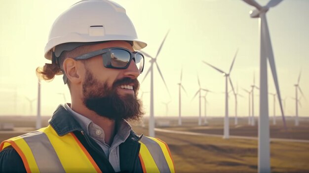 Professional Engineer Piloting a Drone at a Wind Turbine Generator Park with a Hardhat and Safety Vest Generative AI