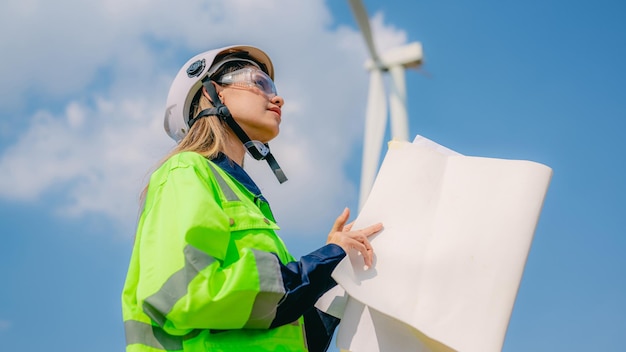 Photo professional engineer technician working outdoor at wind turbine field