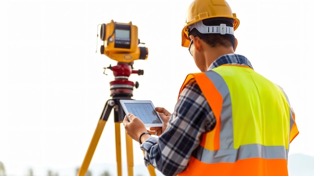 Professional Engineer Using Theodolite Equipment and Looking Blue