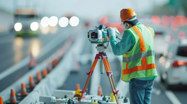 Professional Engineer Using Theodolite Equipment for Route Survey