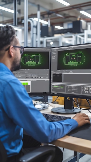 Professional Engineer Works on Computer with Two Green Mock up Screen Displays