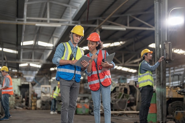 Professional engineering workers walk and check in warehouse factory Manager discuss inspection