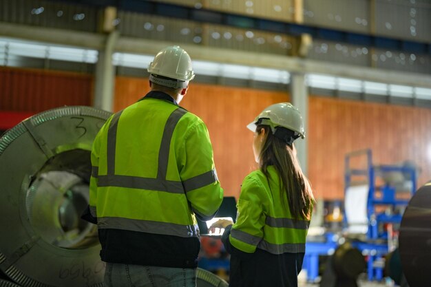 Professional engineering workers walk and check in warehouse factory