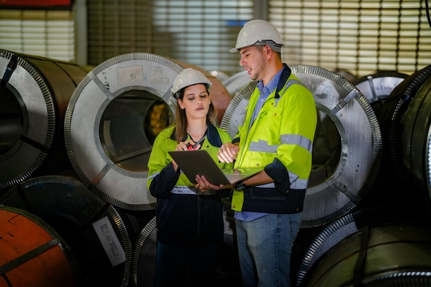 Professional engineering workers walk and check in warehouse factory