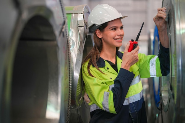 Professional engineering workers walk and check in warehouse factory